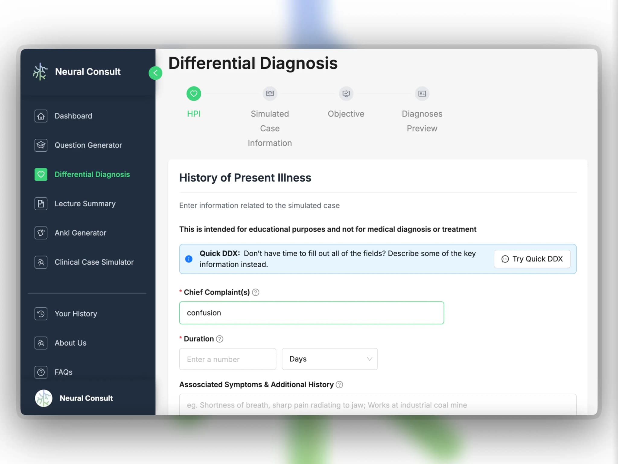 Step 1: Fill out the fields for a simulated patient history to give the AI context any given presentation