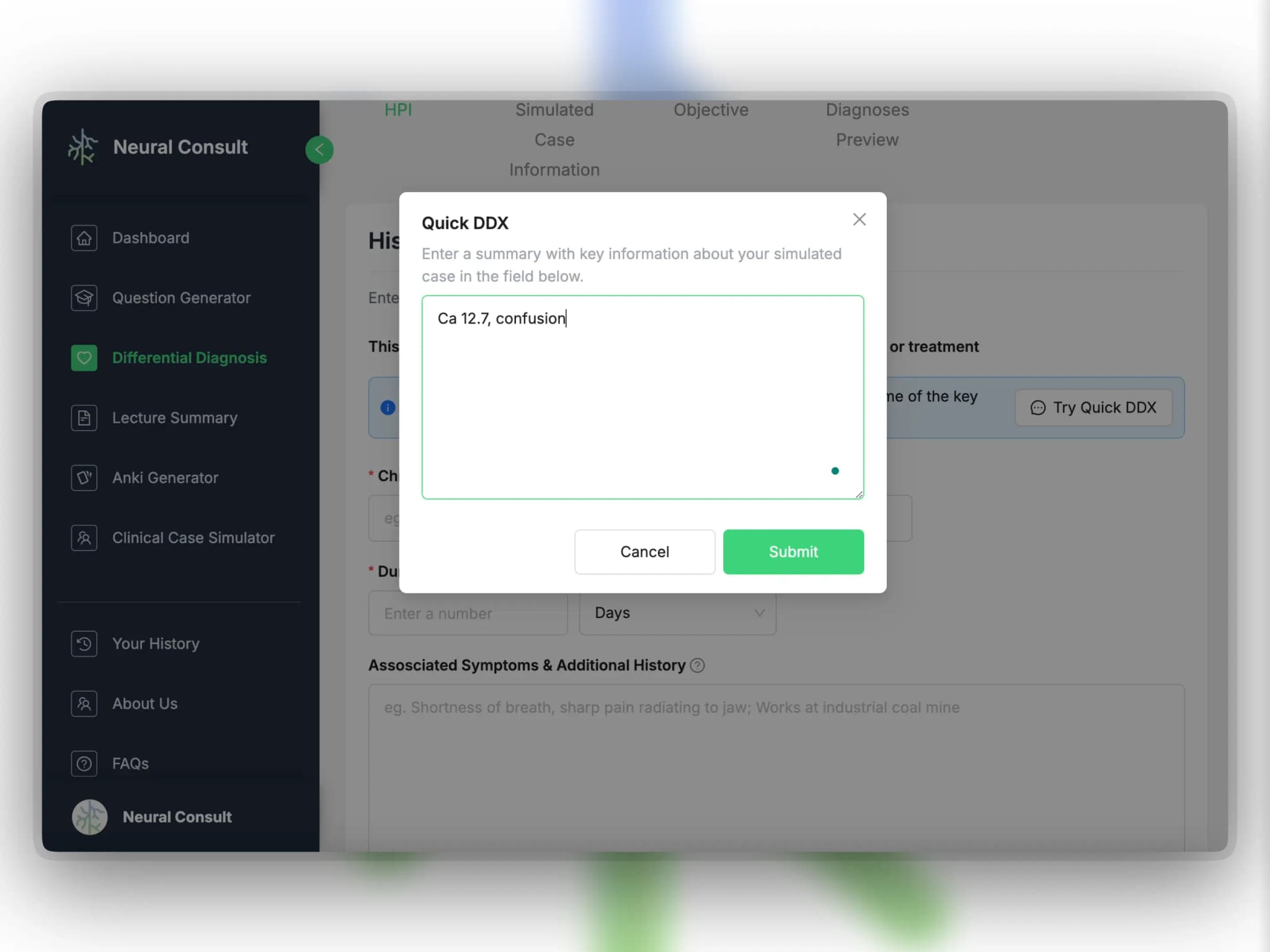 Step 2: Quick differential diagnosis allows users to input a key clinical fact and get a rapid differential diagnosis for it’s associated conditions.