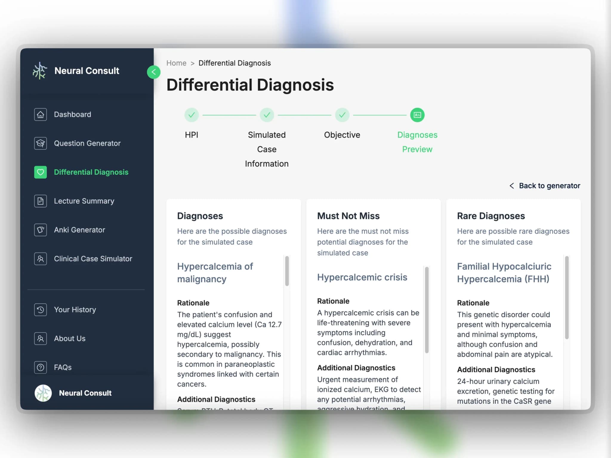 Step 3: Get a breakdown of possible diagnoses including most likely, must not miss, and rare diagnoses.