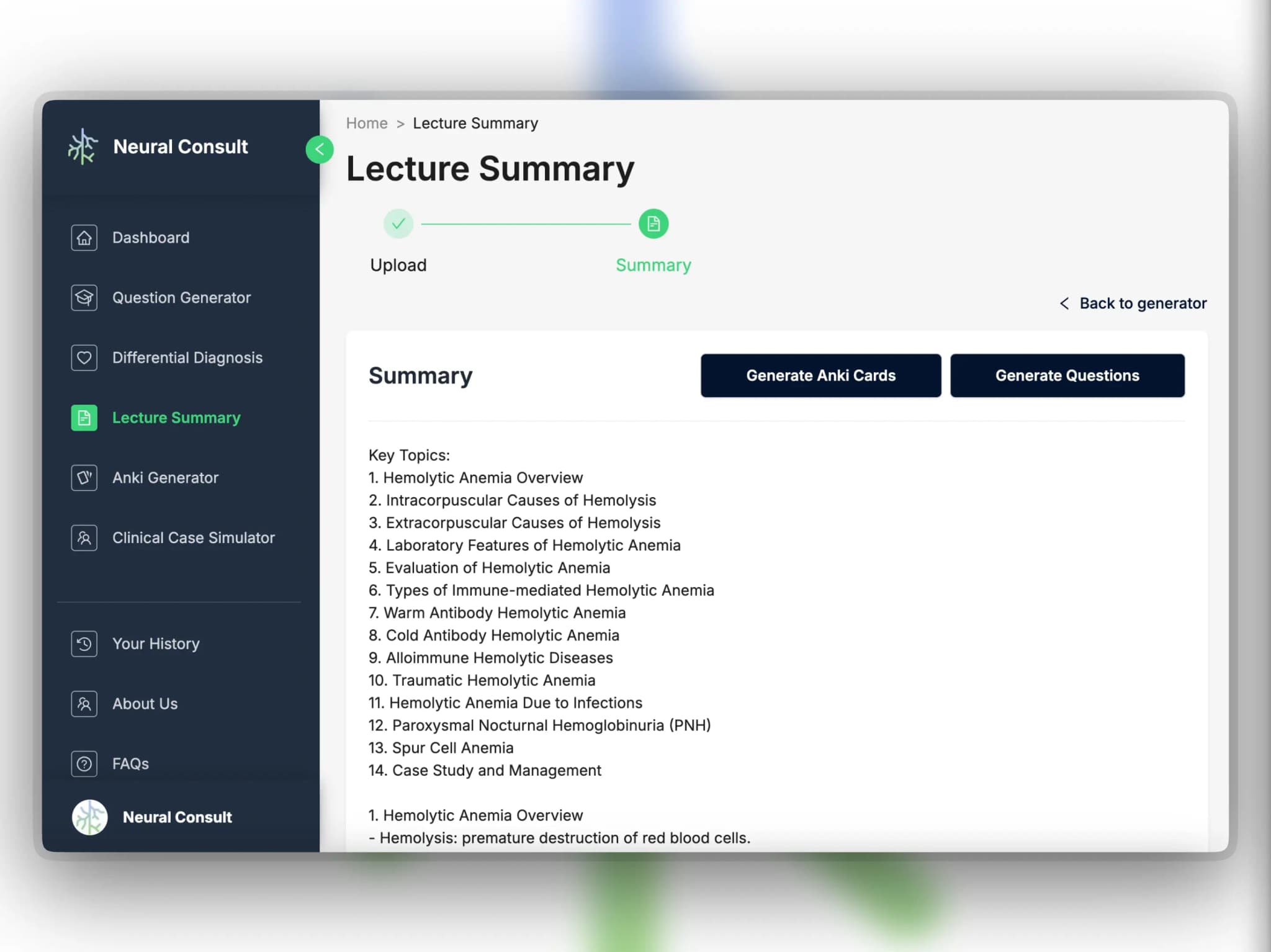 Step 2: Get a custom high-yield summary on the spot and create flashcards or questions from the summary.