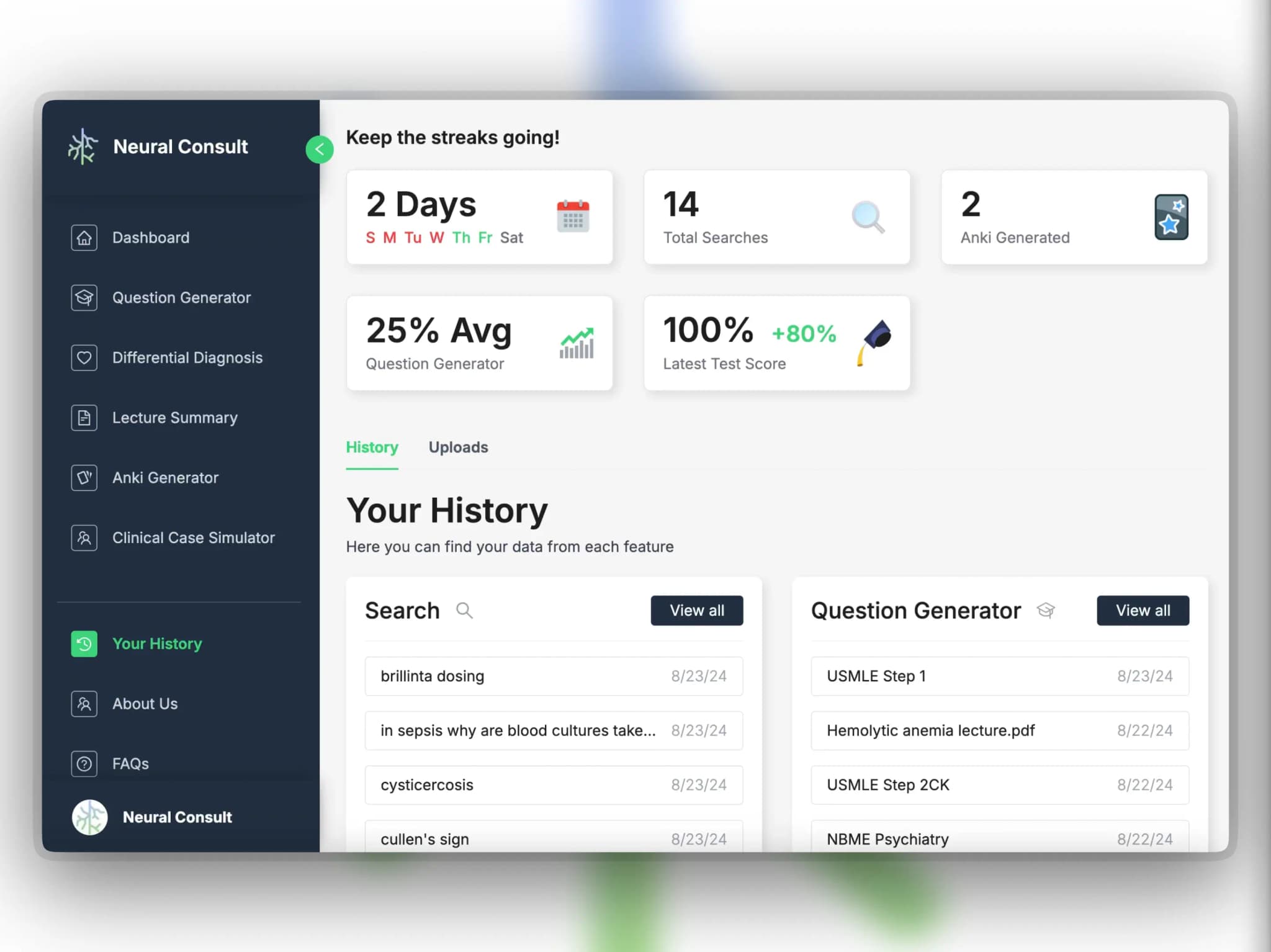 History home page: View your history from every Neural Consult feature in one spot!